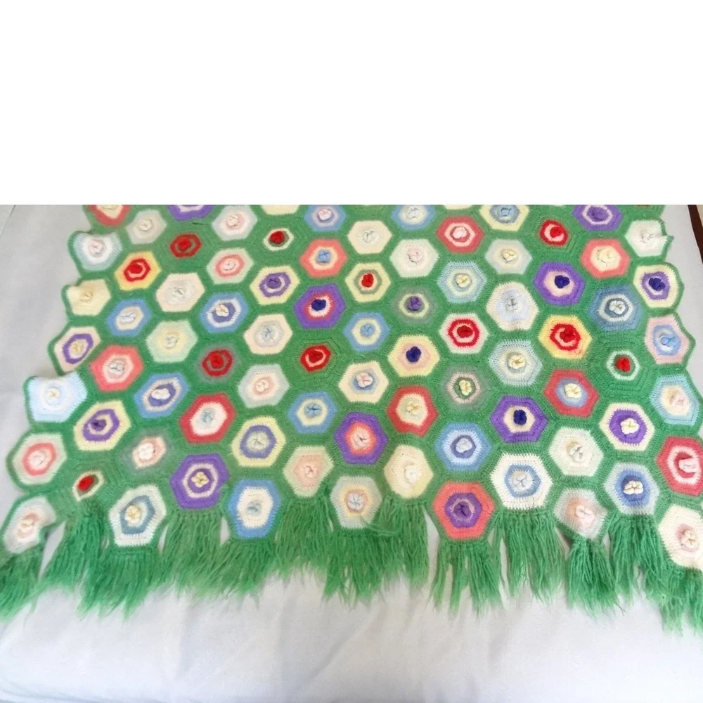 Handmade Crochet Afghan Blanket Green Good Hexagon Popcorn Fringe
